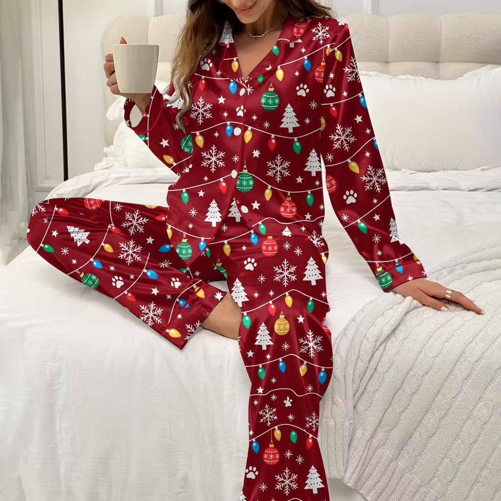 Christmas Lights Snowflakes and Paw Print Long Sleeve Pajama Set