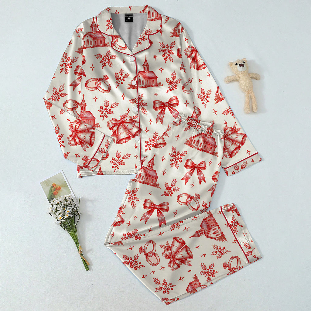 Christmas Wedding Chapel Bells and Rings Print Long Sleeve Pajama Set