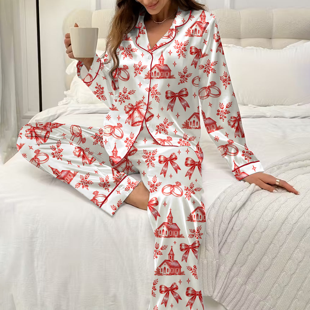 Christmas Wedding Chapel Bells and Rings Print Long Sleeve Pajama Set