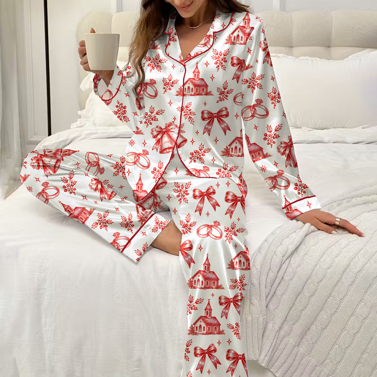 Christmas Wedding Chapel Bells and Rings Print Long Sleeve Pajama Set