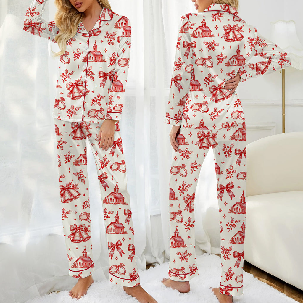 Christmas Wedding Chapel Bells and Rings Print Long Sleeve Pajama Set
