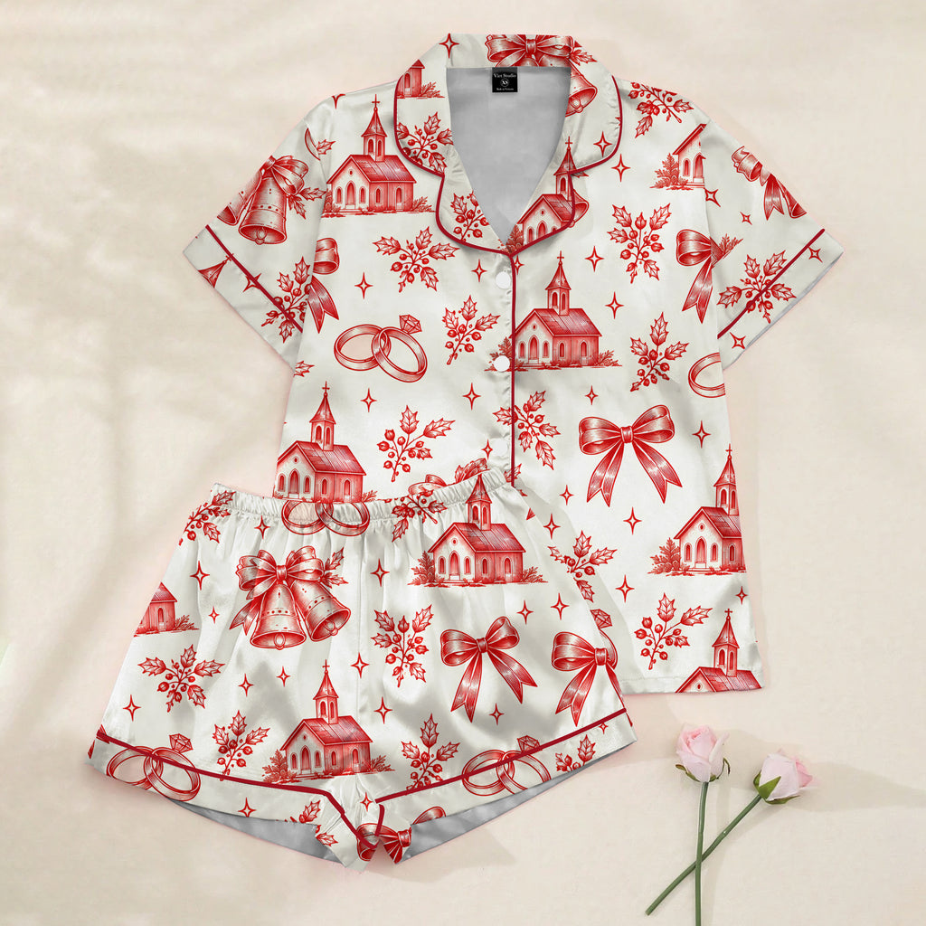 Christmas Wedding Chapel Bells and Rings Print Short Sleeve Pajama Set