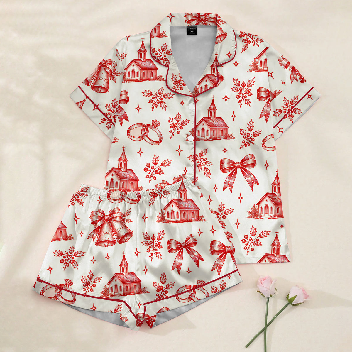 Christmas Wedding Chapel Bells and Rings Print Short Sleeve Pajama Set