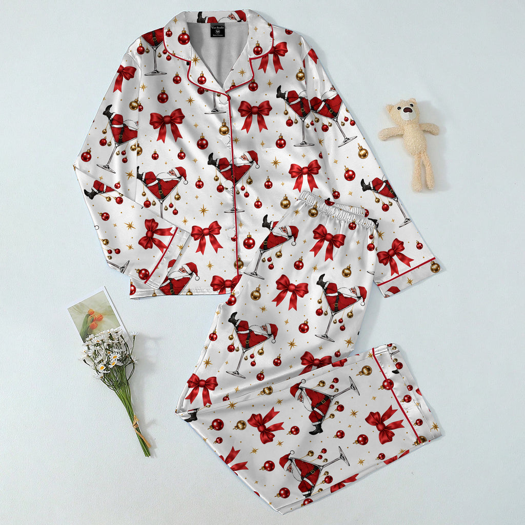 Christmas Santa Martini and Bow Print Long Sleeve Pajama Set