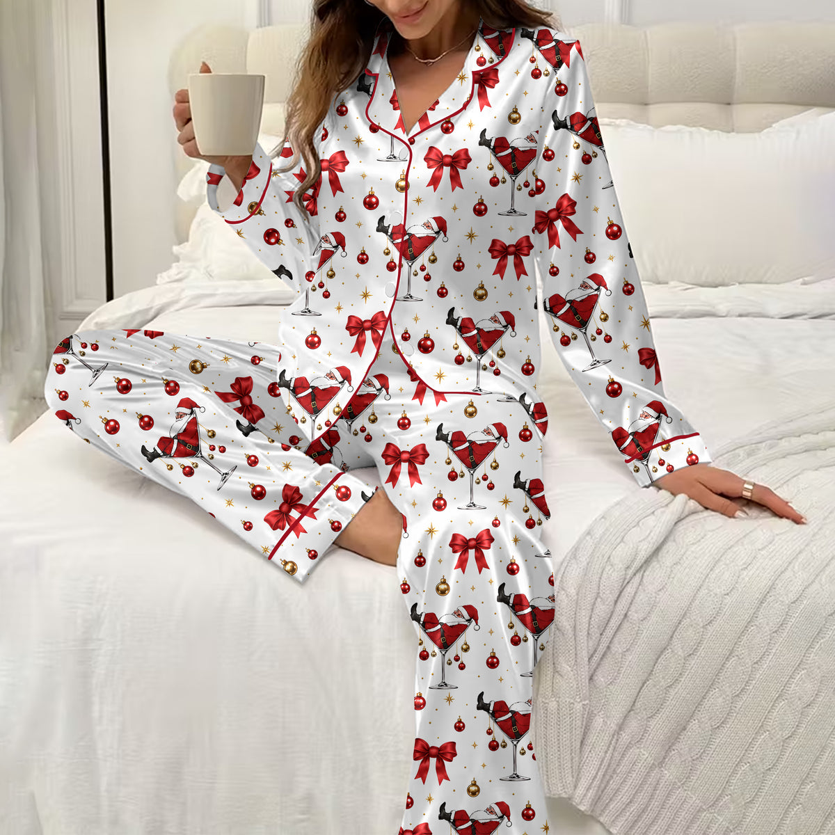 Christmas Santa Martini and Bow Print Long Sleeve Pajama Set
