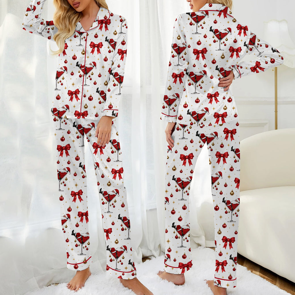 Christmas Santa Martini and Bow Print Long Sleeve Pajama Set
