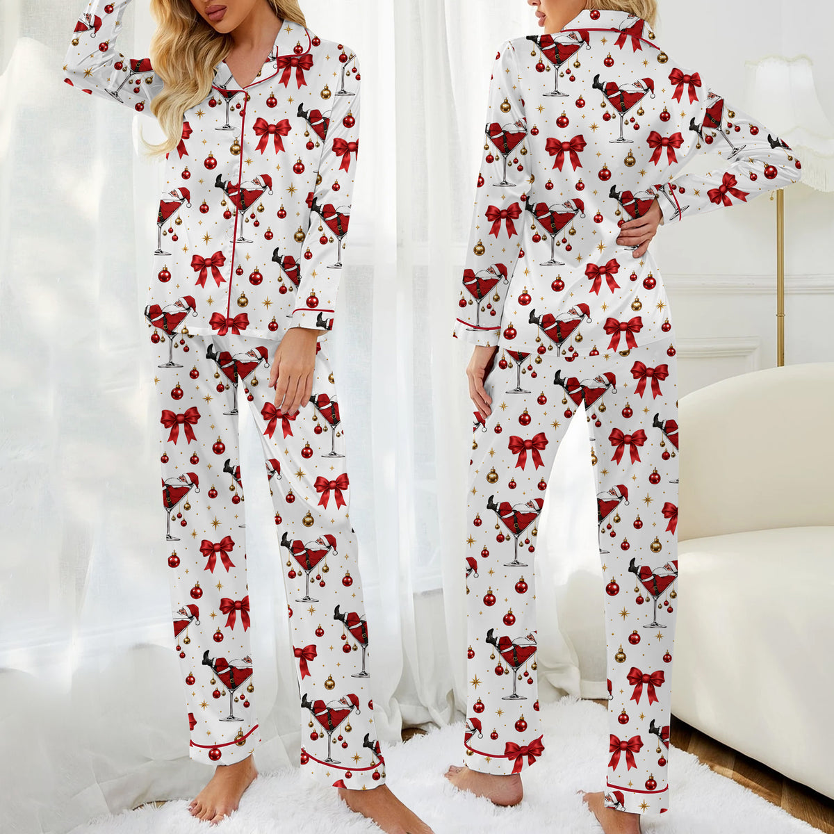 Christmas Santa Martini and Bow Print Long Sleeve Pajama Set