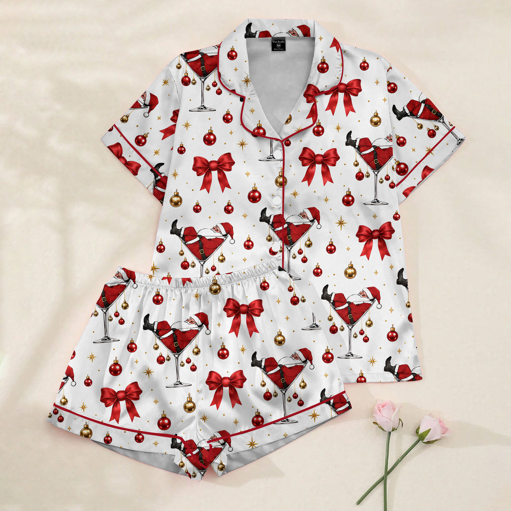 Christmas Santa Martini and Bow Print Short Sleeve Pajama Set