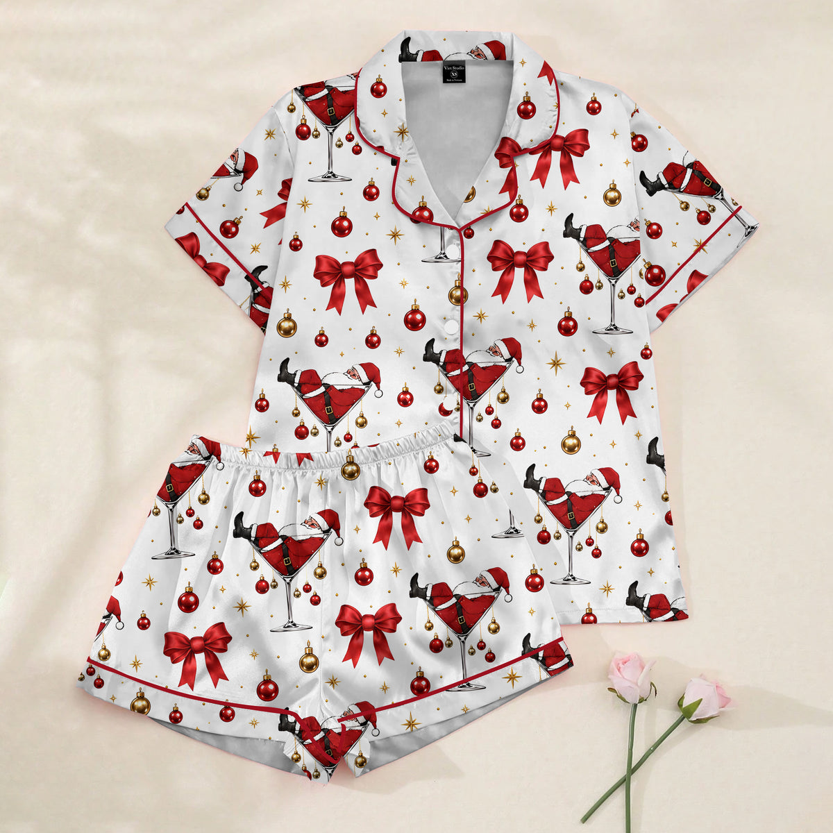 Christmas Santa Martini and Bow Print Short Sleeve Pajama Set