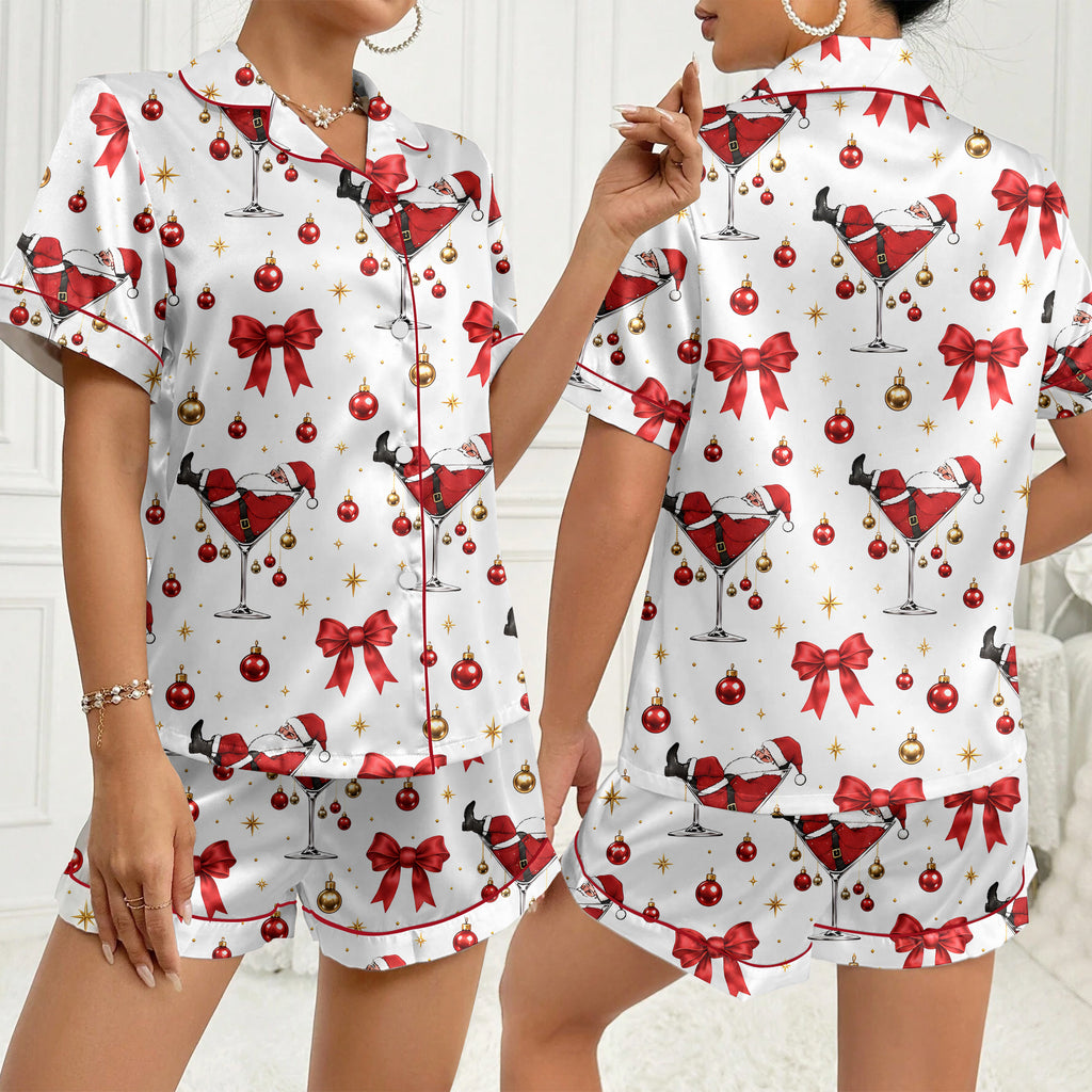 Christmas Santa Martini and Bow Print Short Sleeve Pajama Set