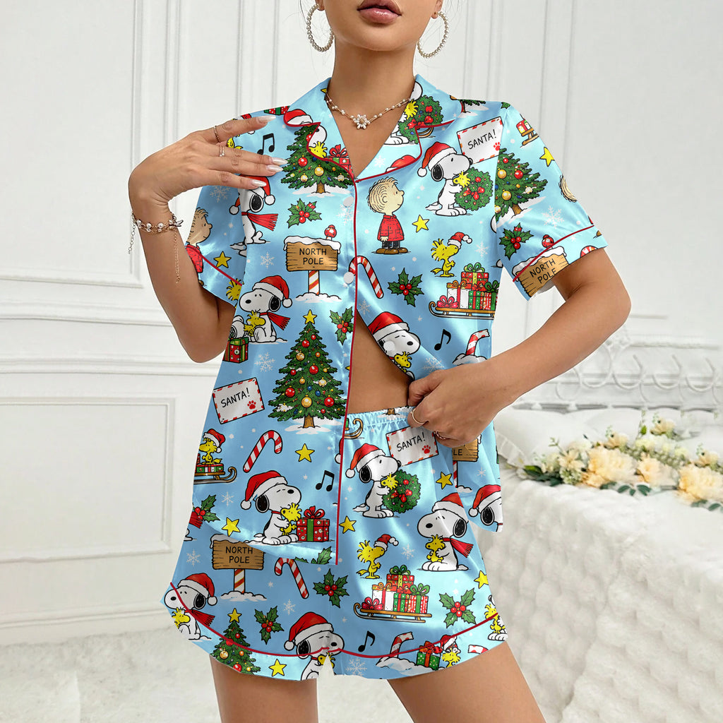 Peanuts Snoopy and Friends Christmas Print Short Sleeve Pajama Set