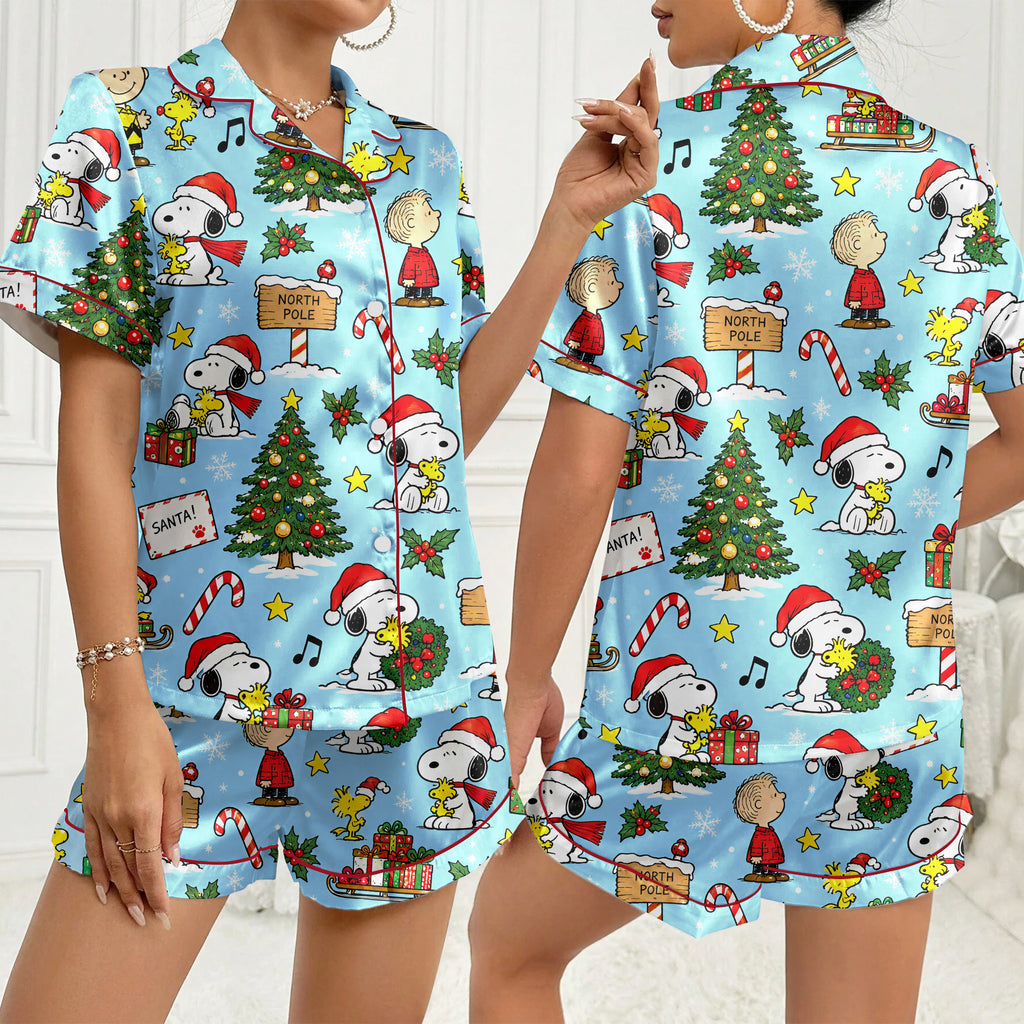 Peanuts Snoopy and Friends Christmas Print Short Sleeve Pajama Set