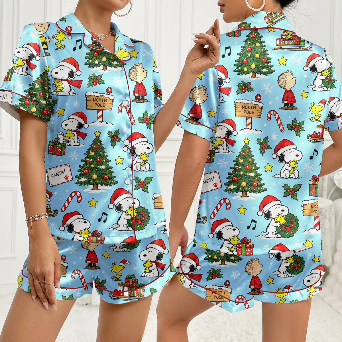 Peanuts Snoopy and Friends Christmas Print Short Sleeve Pajama Set