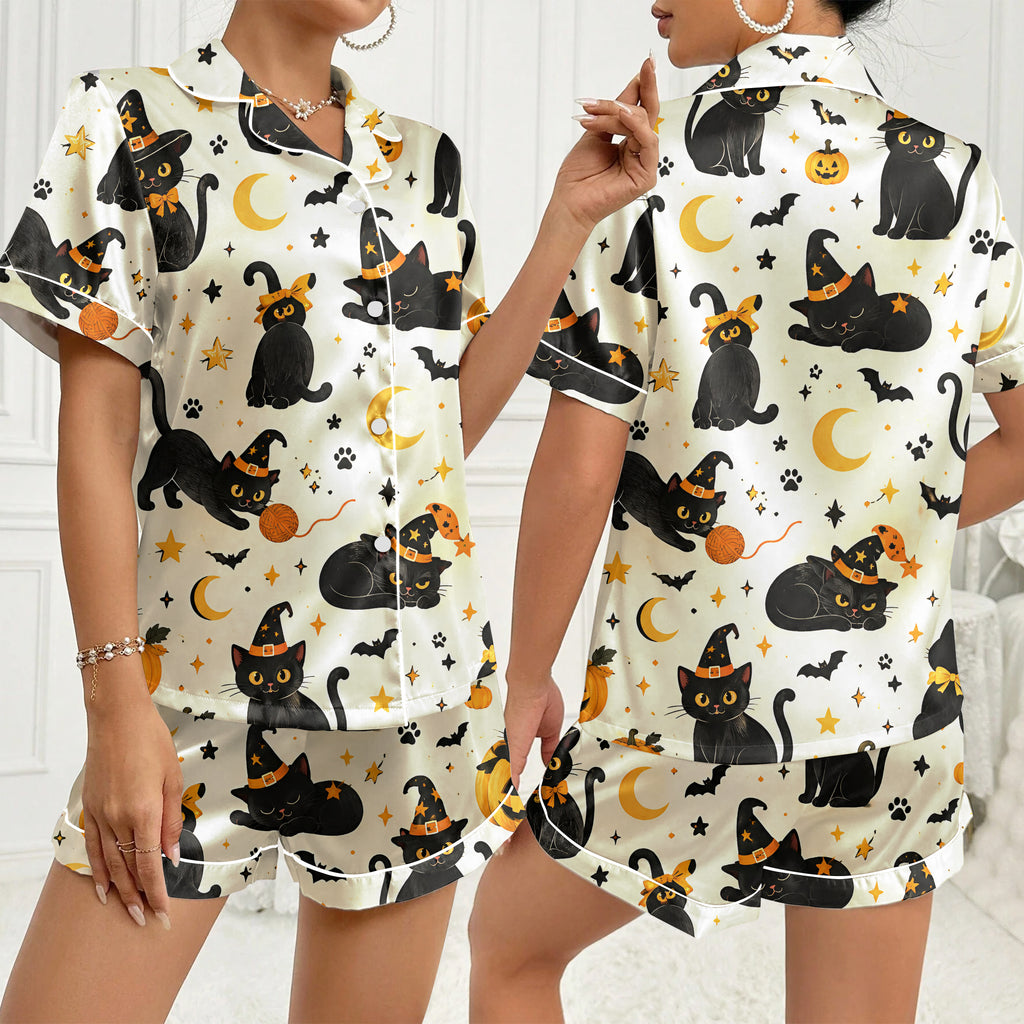 Halloween Witch Cat and Pumpkin Print Short Sleeve Pajama Set