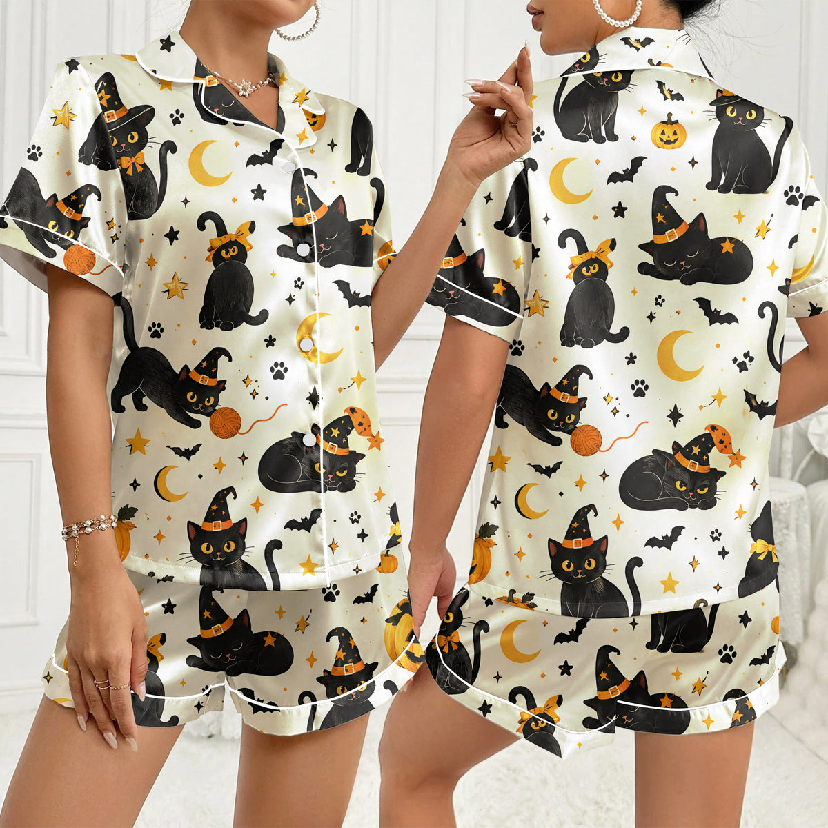 Halloween Witch Cat and Pumpkin Print Short Sleeve Pajama Set