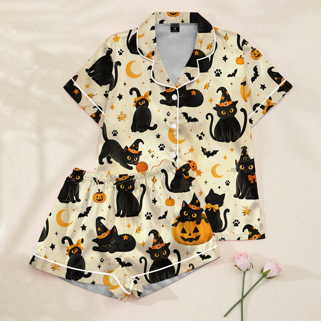 Halloween Witch Cat and Pumpkin Print Short Sleeve Pajama Set