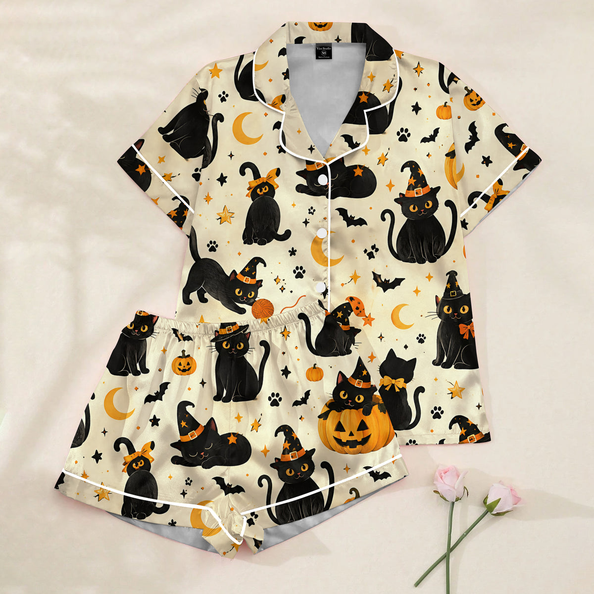 Halloween Witch Cat and Pumpkin Print Short Sleeve Pajama Set