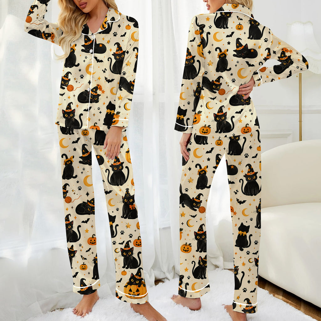 Halloween Witch Cat and Pumpkin Print Long Sleeve Pajama Set