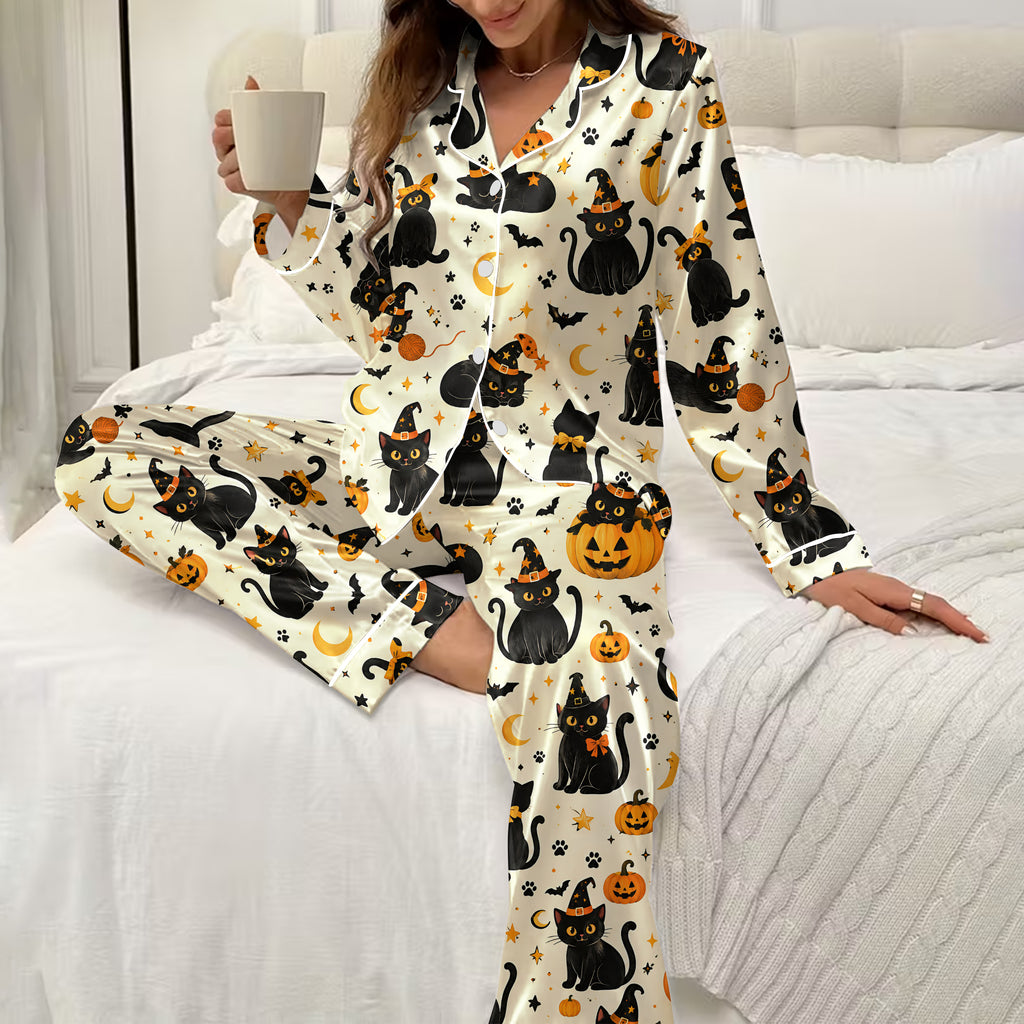 Halloween Witch Cat and Pumpkin Print Long Sleeve Pajama Set