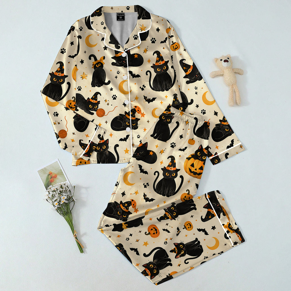 Halloween Witch Cat and Pumpkin Print Long Sleeve Pajama Set