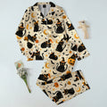 Halloween Witch Cat and Pumpkin Print Long Sleeve Pajama Set