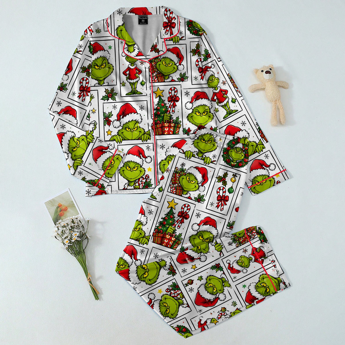 The Grinch Christmas Character Collage Print Long Sleeve Pajama Set