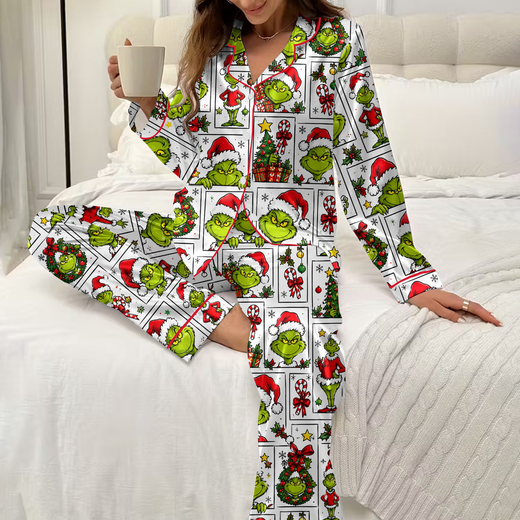 The Grinch Christmas Character Collage Print Long Sleeve Pajama Set