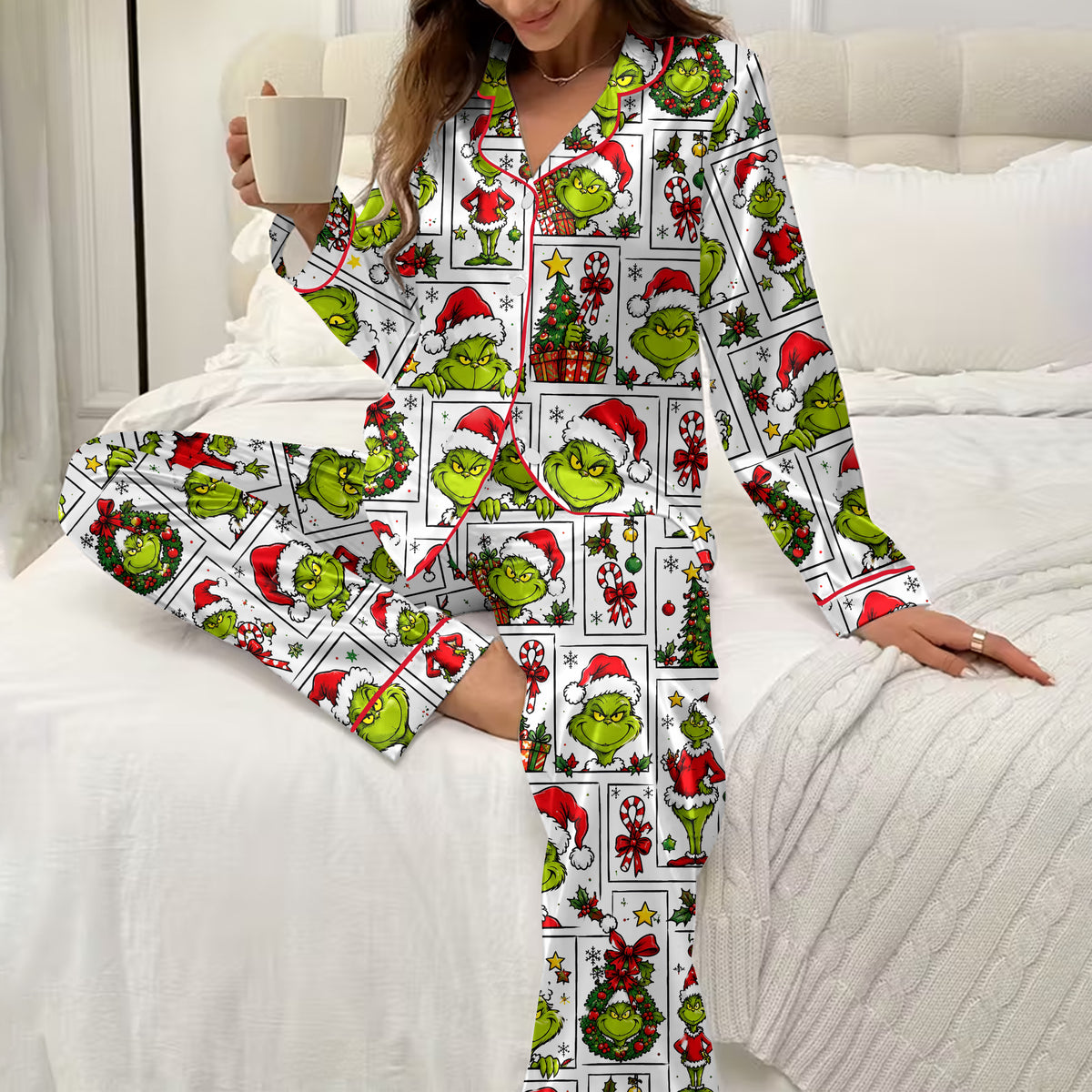 The Grinch Christmas Character Collage Print Long Sleeve Pajama Set