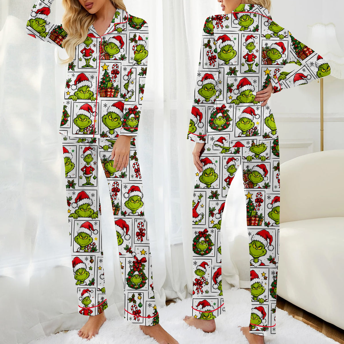 The Grinch Christmas Character Collage Print Long Sleeve Pajama Set