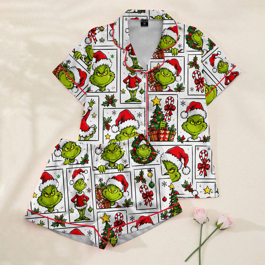 The Grinch Christmas Character Collage Print Short Sleeve Pajama Set