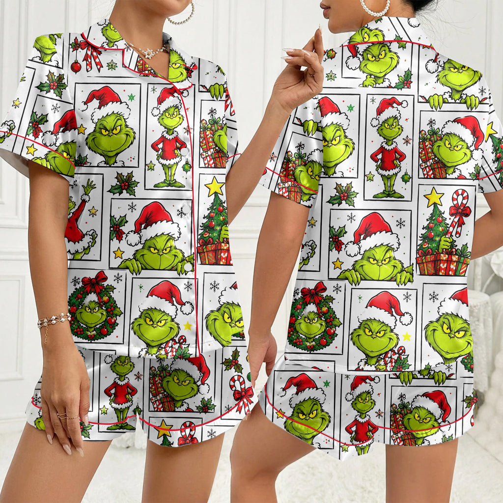 The Grinch Christmas Character Collage Print Short Sleeve Pajama Set