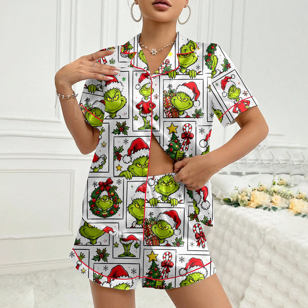 The Grinch Christmas Character Collage Print Short Sleeve Pajama Set