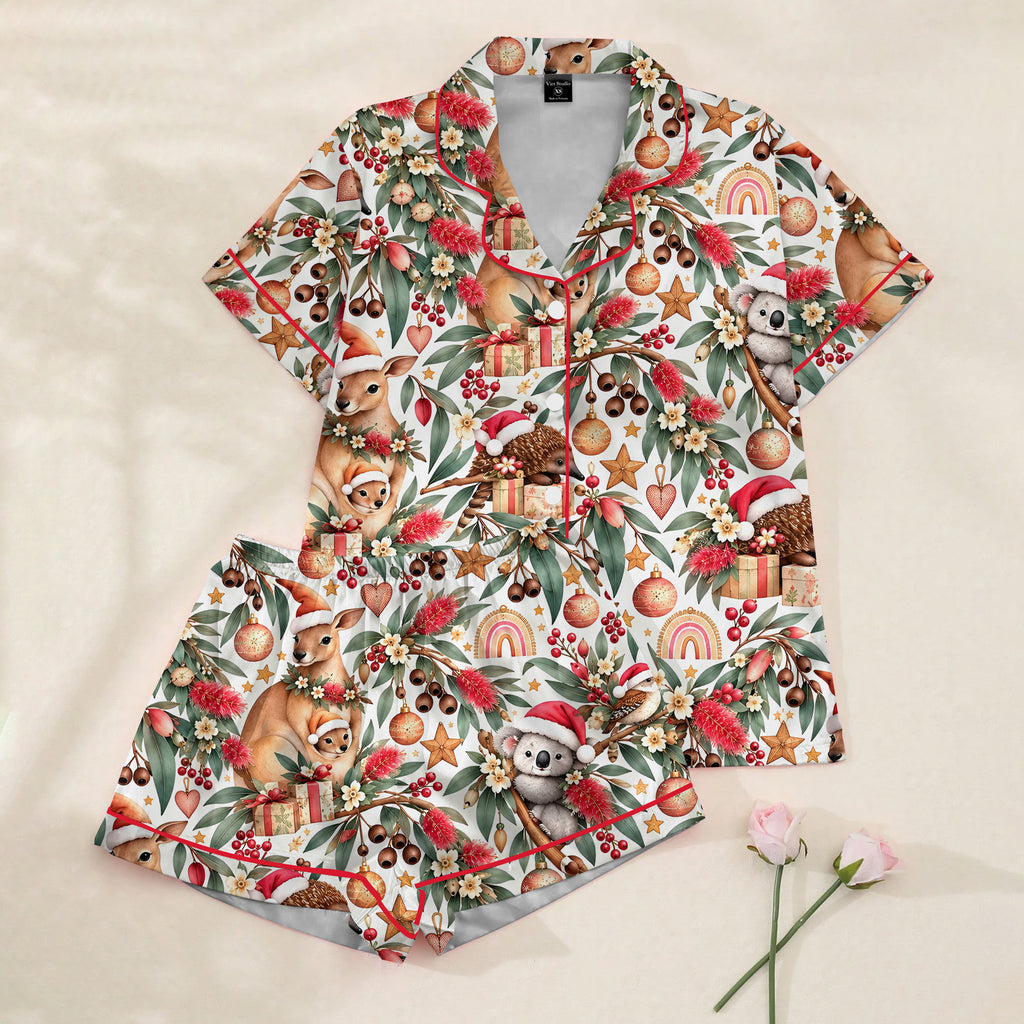 Australian Wildlife Christmas Floral Print Short Sleeve Pajama Set