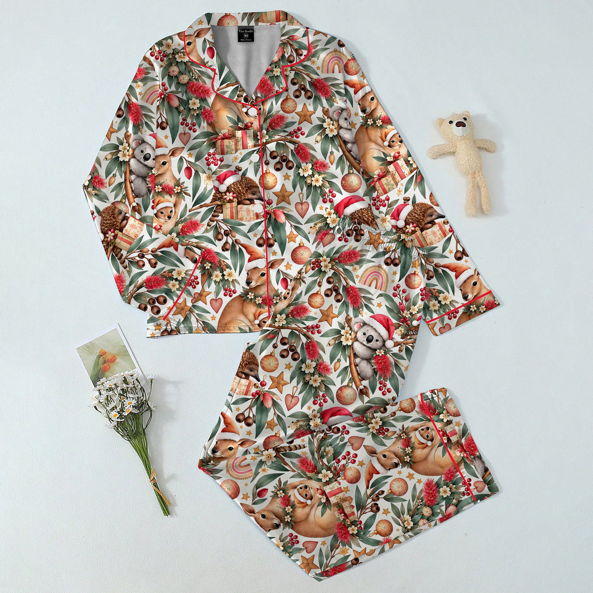 Australian Wildlife Christmas Floral Print Long Sleeve Pajama Set