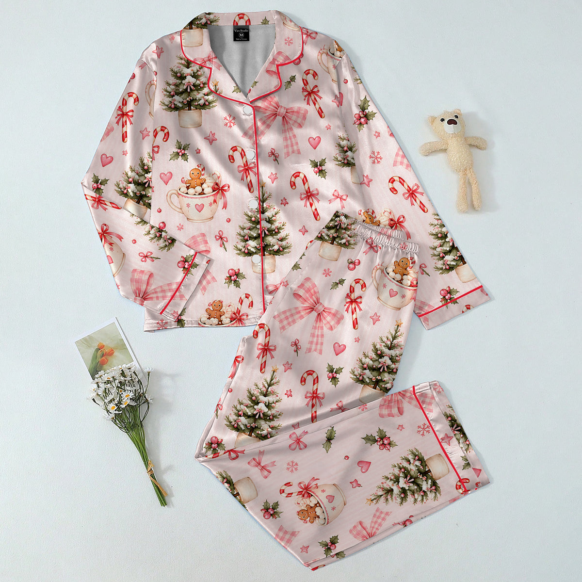 Christmas Tree Hot Cocoa and Bow Print Long Sleeve Pajama Set