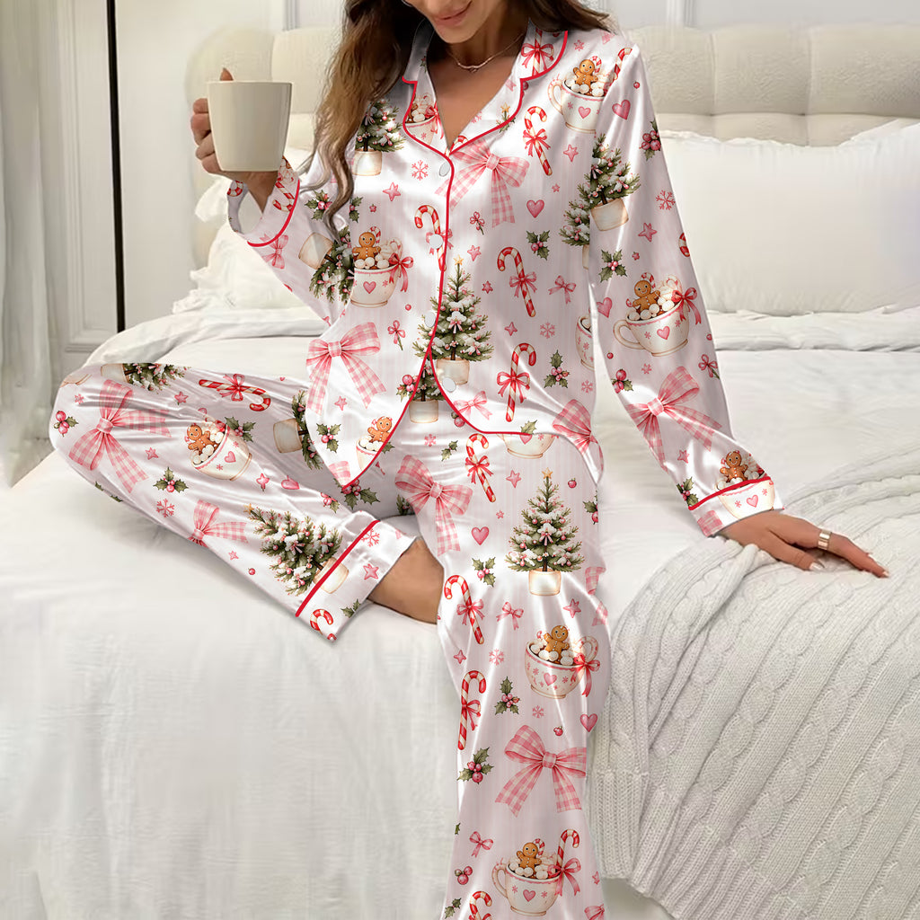 Christmas Tree Hot Cocoa and Bow Print Long Sleeve Pajama Set