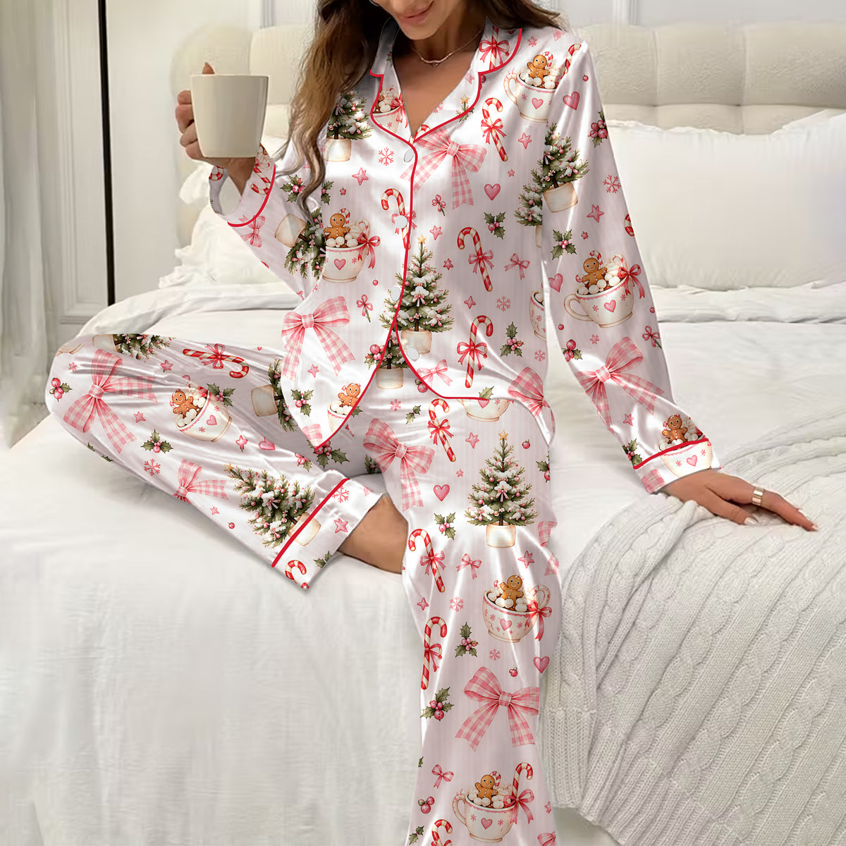 Christmas Tree Hot Cocoa and Bow Print Long Sleeve Pajama Set