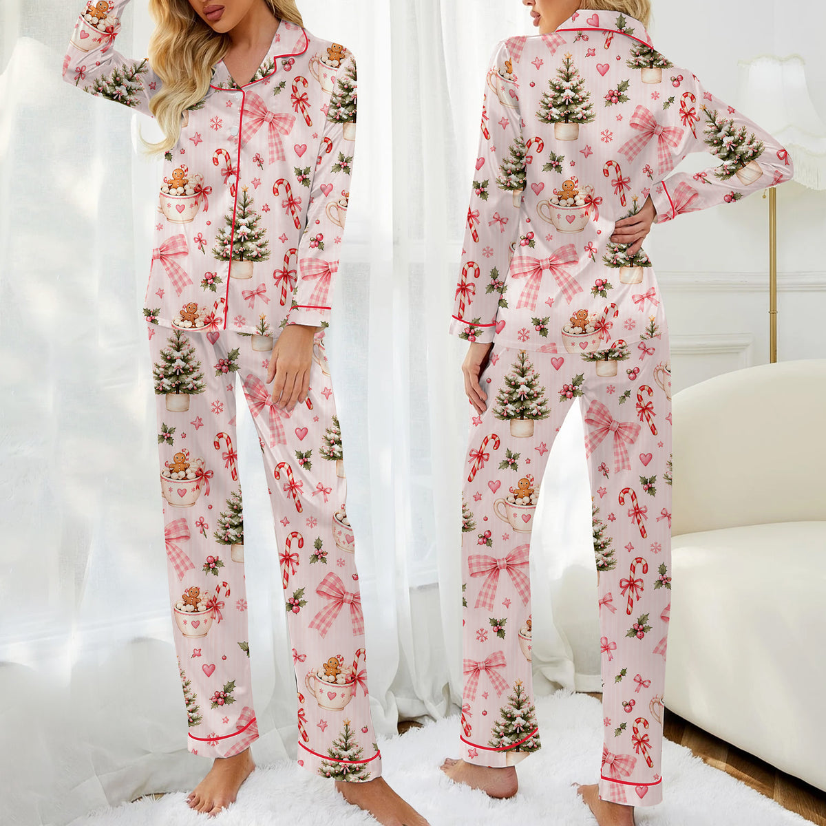 Christmas Tree Hot Cocoa and Bow Print Long Sleeve Pajama Set