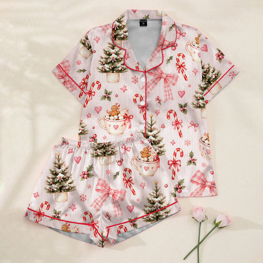 Christmas Tree Hot Cocoa and Bow Print Short Sleeve Pajama Set