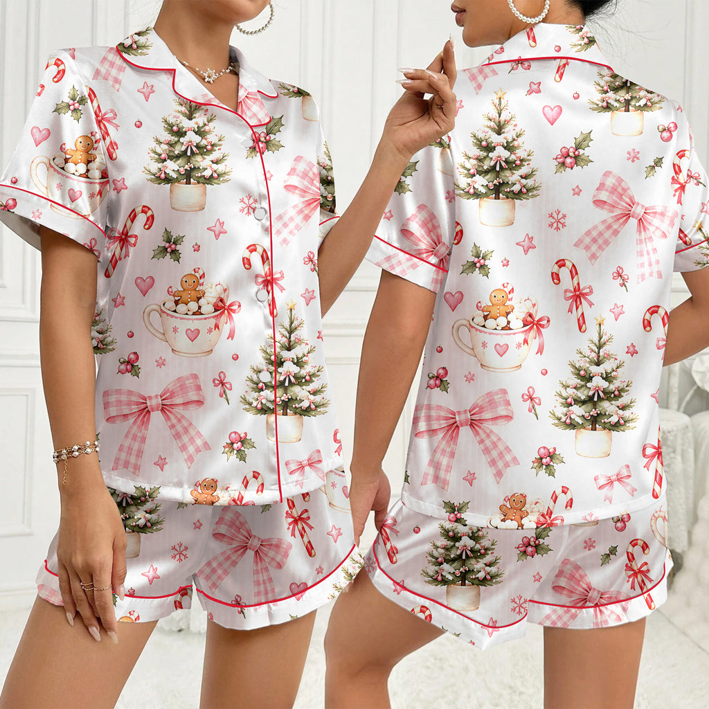 Christmas Tree Hot Cocoa and Bow Print Short Sleeve Pajama Set