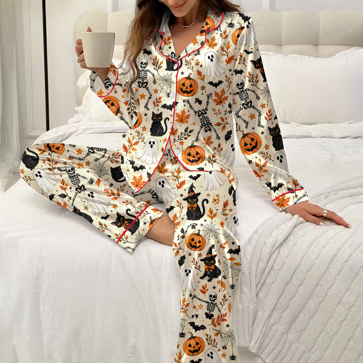 Halloween Ghost Skeleton and Pumpkin Print Long Sleeve Pajama Set