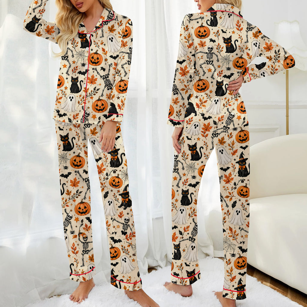 Halloween Ghost Skeleton and Pumpkin Print Long Sleeve Pajama Set