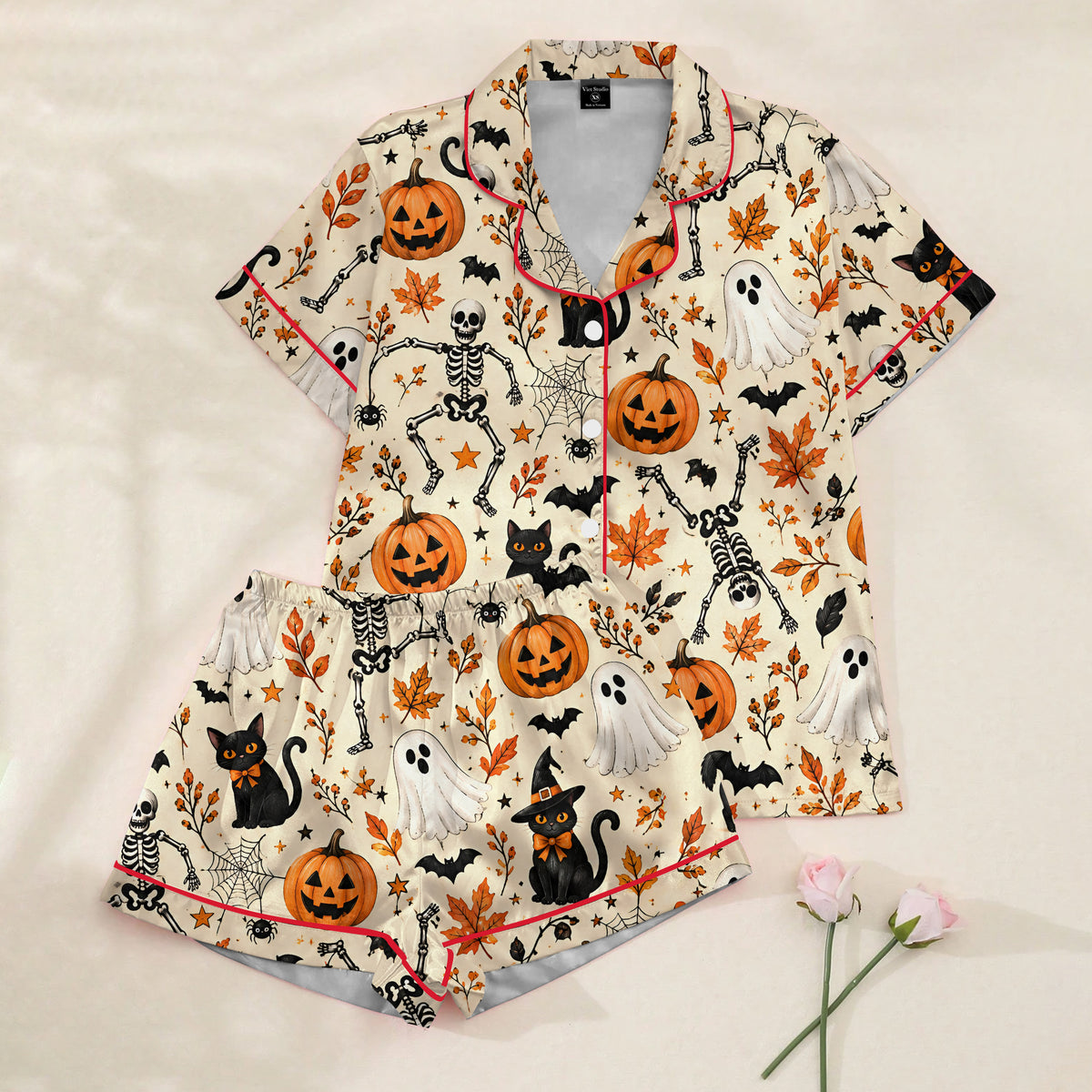 Halloween Ghost Skeleton and Pumpkin Print Short Sleeve Pajama Set
