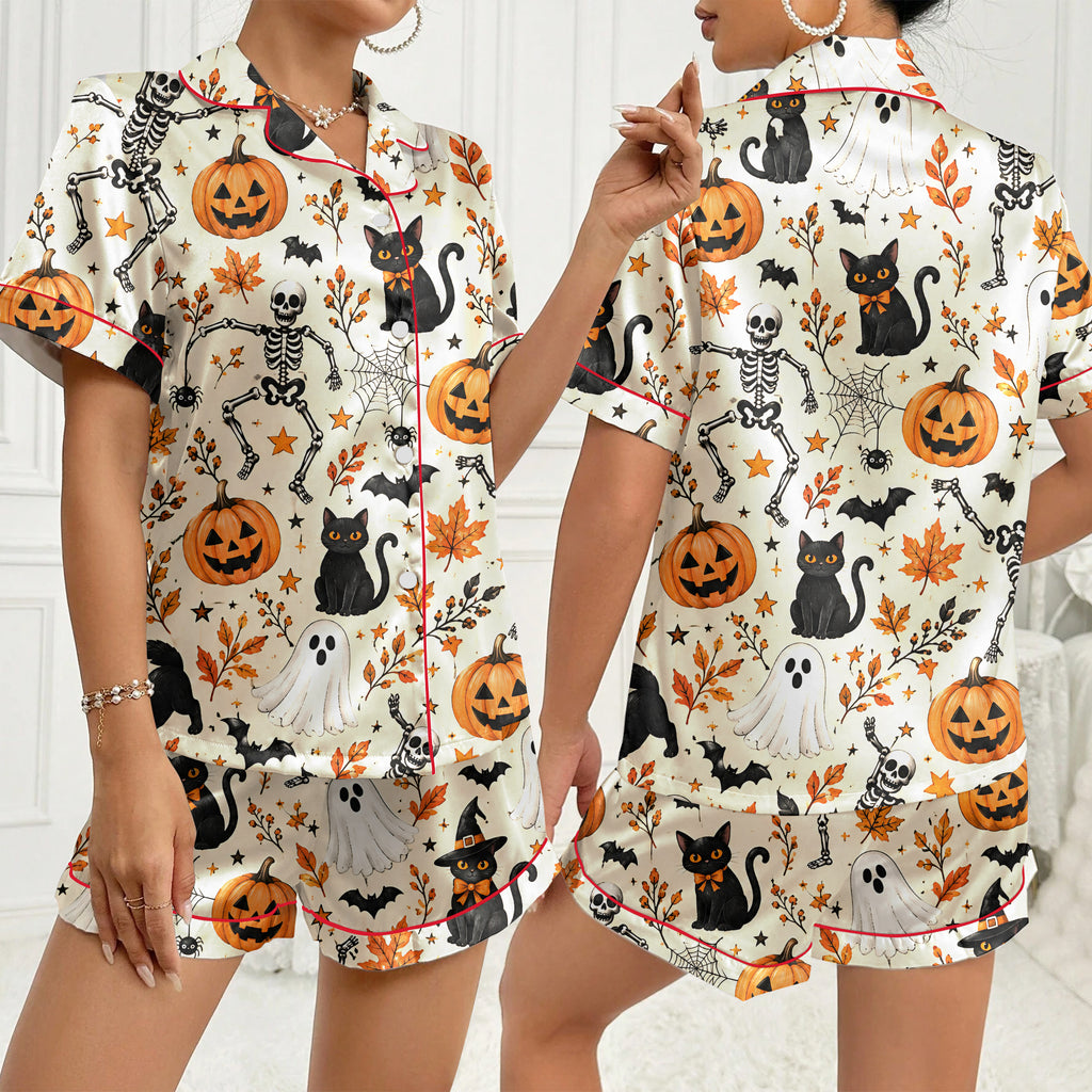 Halloween Ghost Skeleton and Pumpkin Print Short Sleeve Pajama Set