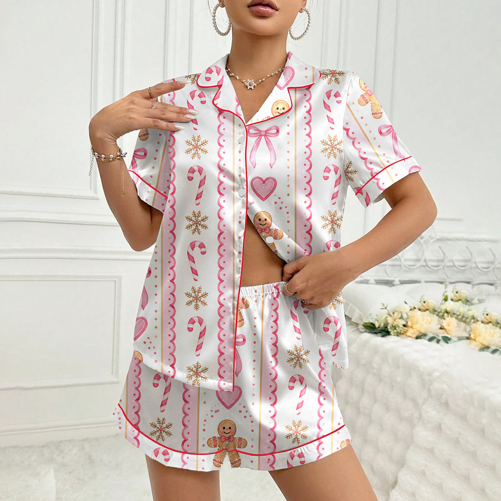 Christmas Gingerbread Candy Cane and Bow Print Short Sleeve Pajama Set