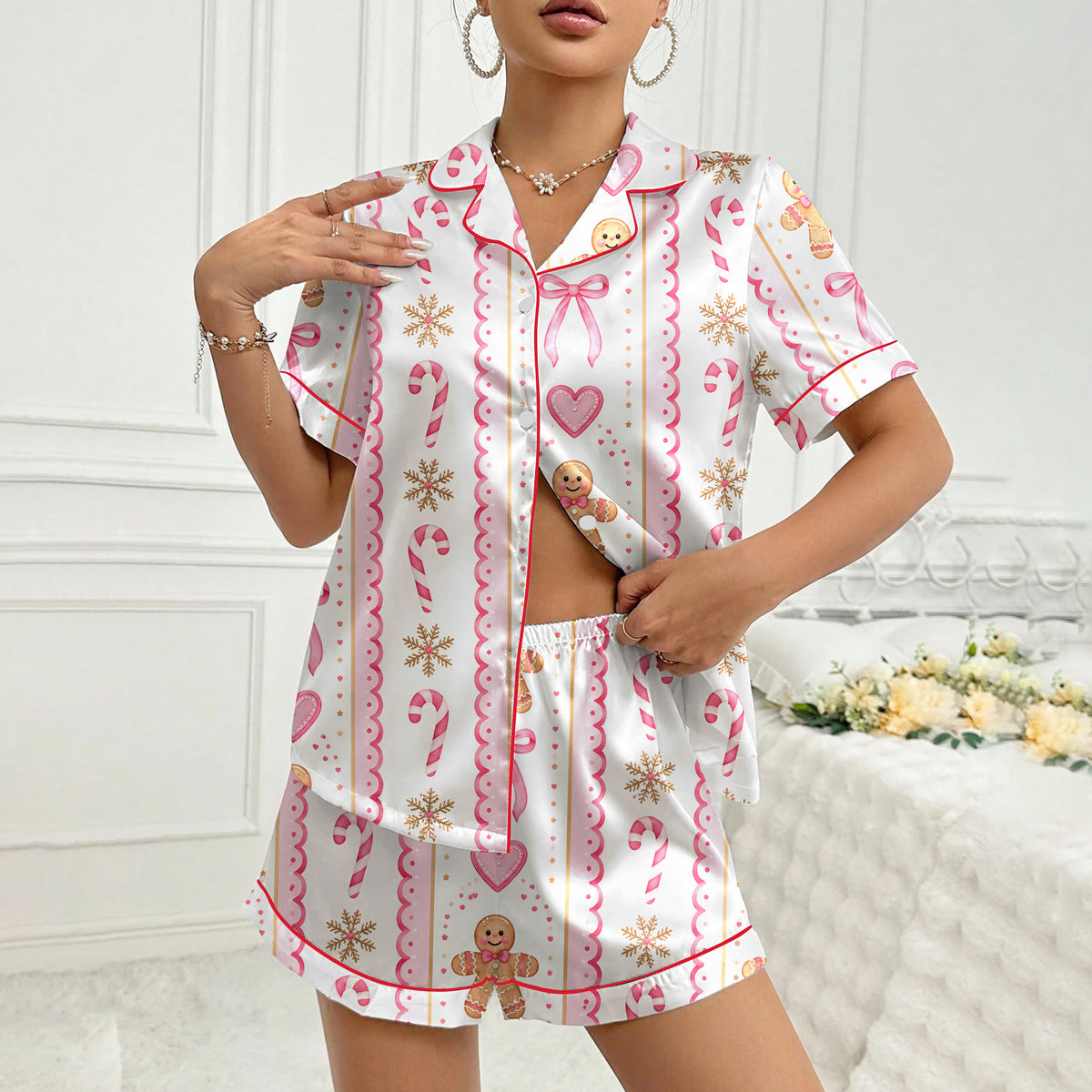 Christmas Gingerbread Candy Cane and Bow Print Short Sleeve Pajama Set