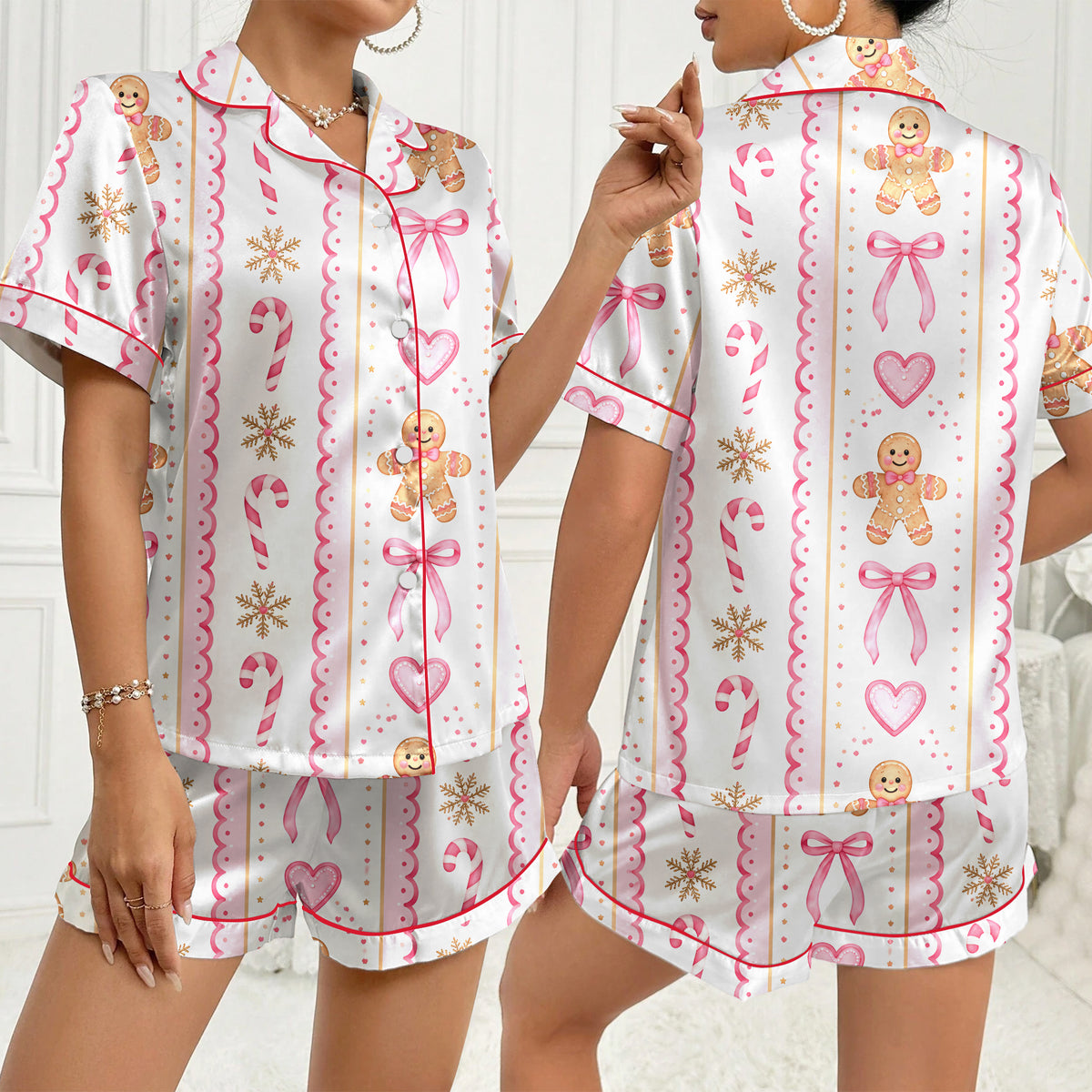 Christmas Gingerbread Candy Cane and Bow Print Short Sleeve Pajama Set