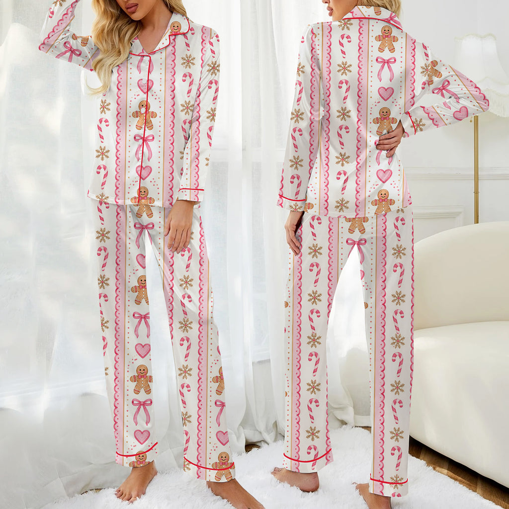Christmas Gingerbread Candy Cane and Bow Print Long Sleeve Pajama Set