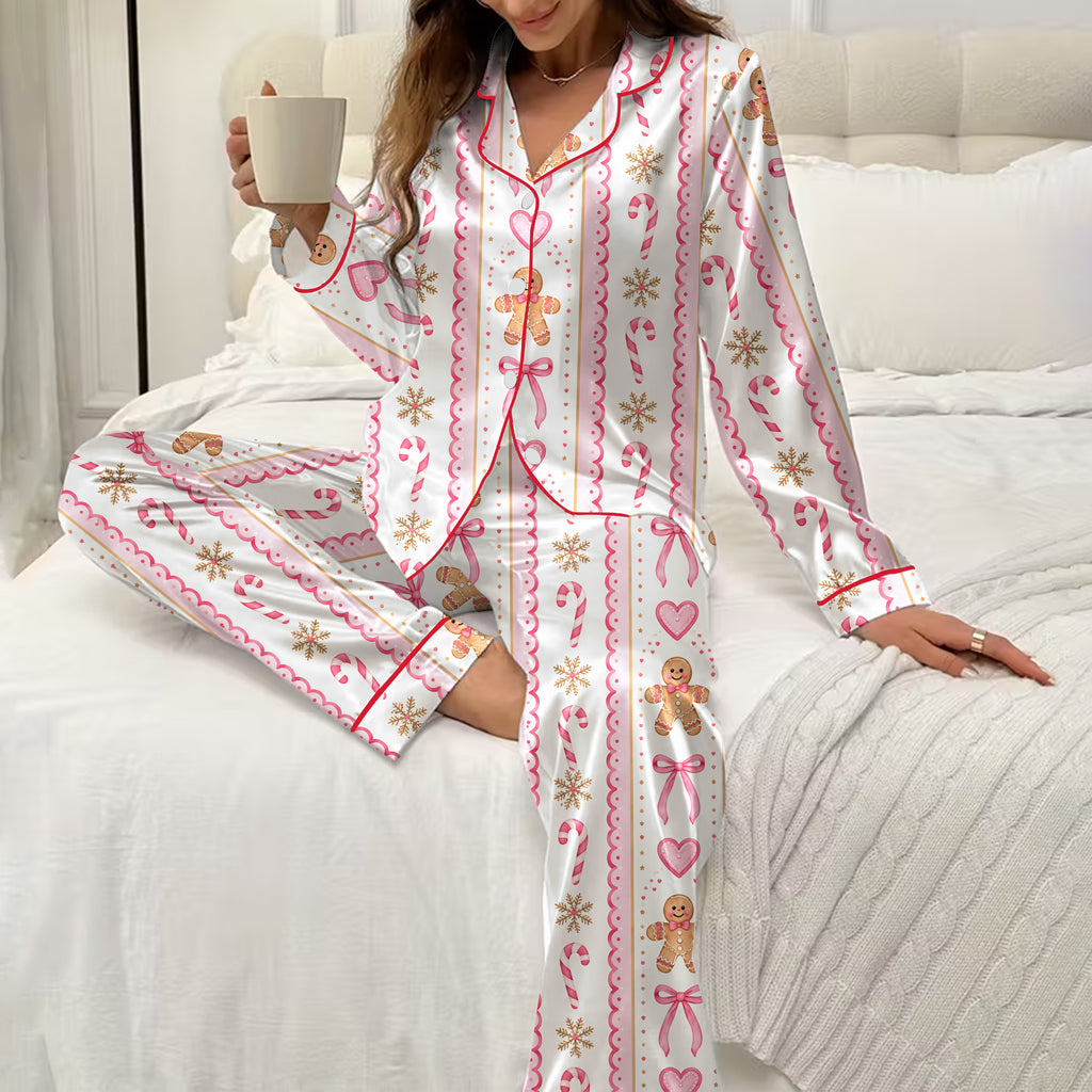 Christmas Gingerbread Candy Cane and Bow Print Long Sleeve Pajama Set