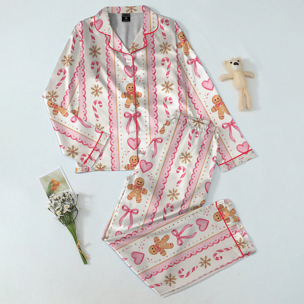 Christmas Gingerbread Candy Cane and Bow Print Long Sleeve Pajama Set